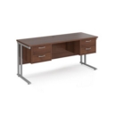 Maestro 25 straight desk 1600mm x 600mm with two x 2 drawer pedestals - silver cantilever leg frame and walnut top