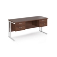 Maestro 25 straight desk 1600mm x 600mm with two x 2 drawer pedestals - white cantilever leg frame and walnut top
