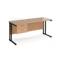 Maestro 25 straight desk 1600mm x 600mm with 2 drawer pedestal - black cantilever leg frame and beech top