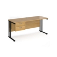 Maestro 25 straight desk 1600mm x 600mm with 2 drawer pedestal - black cantilever leg frame and oak top