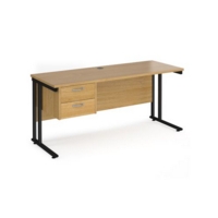 Maestro 25 straight desk 1600mm x 600mm with 2 drawer pedestal - black cantilever leg frame and oak top