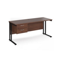 Maestro 25 straight desk 1600mm x 600mm with 2 drawer pedestal - black cantilever leg frame and walnut top