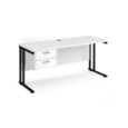 Maestro 25 straight desk 1600mm x 600mm with 2 drawer pedestal - black cantilever leg frame and white top