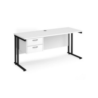 Maestro 25 straight desk 1600mm x 600mm with 2 drawer pedestal - black cantilever leg frame and white top