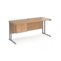 Maestro 25 straight desk 1600mm x 600mm with 2 drawer pedestal - silver cantilever leg frame and beech top