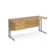 Maestro 25 straight desk 1600mm x 600mm with 2 drawer pedestal - silver cantilever leg frame and oak top