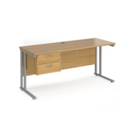 Maestro 25 straight desk 1600mm x 600mm with 2 drawer pedestal - silver cantilever leg frame and oak top