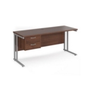 Maestro 25 straight desk 1600mm x 600mm with 2 drawer pedestal - silver cantilever leg frame and walnut top