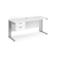 Maestro 25 straight desk 1600mm x 600mm with 2 drawer pedestal - silver cantilever leg frame and white top