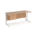 Maestro 25 straight desk 1600mm x 600mm with 2 drawer pedestal - white cantilever leg frame and beech top