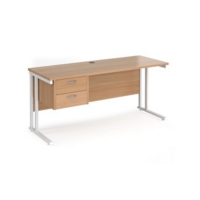 Maestro 25 straight desk 1600mm x 600mm with 2 drawer pedestal - white cantilever leg frame and beech top