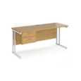 Maestro 25 straight desk 1600mm x 600mm with 2 drawer pedestal - white cantilever leg frame and oak top