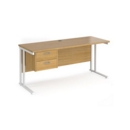 Maestro 25 straight desk 1600mm x 600mm with 2 drawer pedestal - white cantilever leg frame and oak top