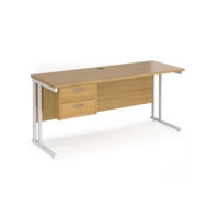 Maestro 25 straight desk 1600mm x 600mm with 2 drawer pedestal - white cantilever leg frame and oak top