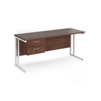 Maestro 25 straight desk 1600mm x 600mm with 2 drawer pedestal - white cantilever leg frame and walnut top