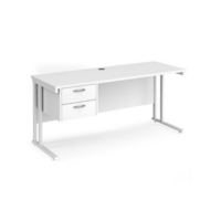 Maestro 25 straight desk 1600mm x 600mm with 2 drawer pedestal - white cantilever leg frame and white top