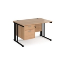 Maestro 25 straight desk 1200mm x 800mm with 2 drawer pedestal - black cable managed leg frame and beech top