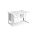 Maestro 25 straight desk 1200mm x 800mm with 2 drawer pedestal - white cable managed leg frame and white top
