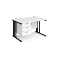 Maestro 25 straight desk 1200mm x 800mm with 3 drawer pedestal - black cable managed leg frame and white top