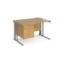 Maestro 25 straight desk 1200mm x 800mm with 3 drawer pedestal - silver cable managed leg frame and oak top