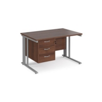 Maestro 25 straight desk 1200mm x 800mm with 3 drawer pedestal - silver cable managed leg frame and walnut top