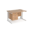 Maestro 25 straight desk 1200mm x 800mm with 3 drawer pedestal - white cable managed leg frame and beech top