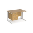 Maestro 25 straight desk 1200mm x 800mm with 3 drawer pedestal - white cable managed leg frame and oak top