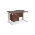 Maestro 25 straight desk 1200mm x 800mm with 3 drawer pedestal - white cable managed leg frame and walnut top