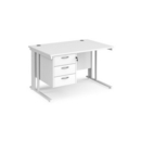 Maestro 25 straight desk 1200mm x 800mm with 3 drawer pedestal - white cable managed leg frame and white top