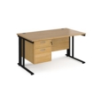 Maestro 25 straight desk 1400mm x 800mm with 2 drawer pedestal - black cable managed leg frame and oak top