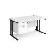 Maestro 25 straight desk 1400mm x 800mm with 2 drawer pedestal - black cable managed leg frame and white top