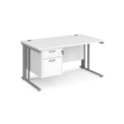 Maestro 25 straight desk 1400mm x 800mm with 2 drawer pedestal - silver cable managed leg frame and white top