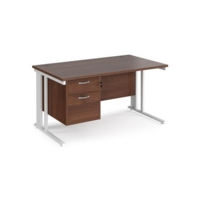 Maestro 25 straight desk 1400mm x 800mm with 2 drawer pedestal - white cable managed leg frame and walnut top