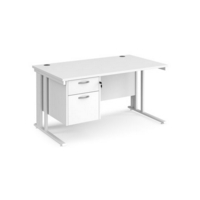 Maestro 25 straight desk 1400mm x 800mm with 2 drawer pedestal - white cable managed leg frame and white top