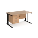 Maestro 25 straight desk 1400mm x 800mm with 3 drawer pedestal - black cable managed leg frame and beech top