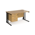 Maestro 25 straight desk 1400mm x 800mm with 3 drawer pedestal - black cable managed leg frame and oak top