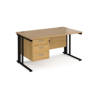 Maestro 25 straight desk 1400mm x 800mm with 3 drawer pedestal - black cable managed leg frame and oak top
