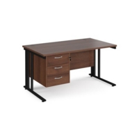 Maestro 25 straight desk 1400mm x 800mm with 3 drawer pedestal - black cable managed leg frame and walnut top