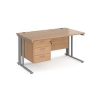 Maestro 25 straight desk 1400mm x 800mm with 3 drawer pedestal - silver cable managed leg frame and beech top