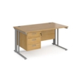Maestro 25 straight desk 1400mm x 800mm with 3 drawer pedestal - silver cable managed leg frame and oak top