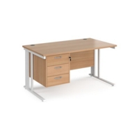 Maestro 25 straight desk 1400mm x 800mm with 3 drawer pedestal - white cable managed leg frame and beech top