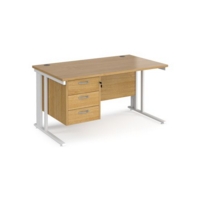 Maestro 25 straight desk 1400mm x 800mm with 3 drawer pedestal - white cable managed leg frame and oak top