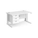 Maestro 25 straight desk 1400mm x 800mm with 3 drawer pedestal - white cable managed leg frame and white top