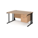 Maestro 25 left hand wave desk 1400mm wide with 2 drawer pedestal - black cable managed leg frame and beech top