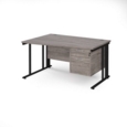Maestro 25 left hand wave desk 1400mm wide with 2 drawer pedestal - black cable managed leg frame and grey oak top