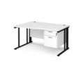 Maestro 25 left hand wave desk 1400mm wide with 2 drawer pedestal - black cable managed leg frame and white top