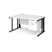Maestro 25 left hand wave desk 1400mm wide with 2 drawer pedestal - black cable managed leg frame and white top