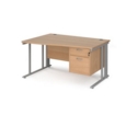 Maestro 25 left hand wave desk 1400mm wide with 2 drawer pedestal - silver cable managed leg frame and beech top