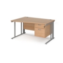 Maestro 25 left hand wave desk 1400mm wide with 2 drawer pedestal - silver cable managed leg frame and beech top