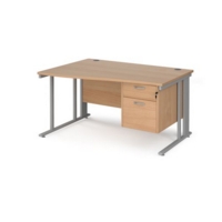 Maestro 25 left hand wave desk 1400mm wide with 2 drawer pedestal - silver cable managed leg frame and beech top